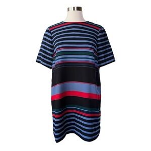Zara Woman Blue Red Black Striped Short Sleeve Shift Dress Size M Preppy Classic
